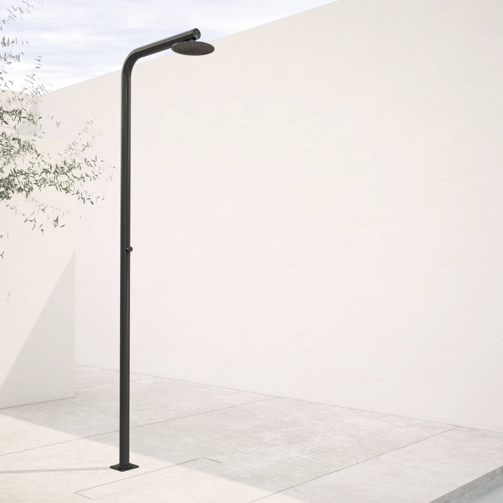 Freestanding matt-black outdoor shower in modern poolside architecture